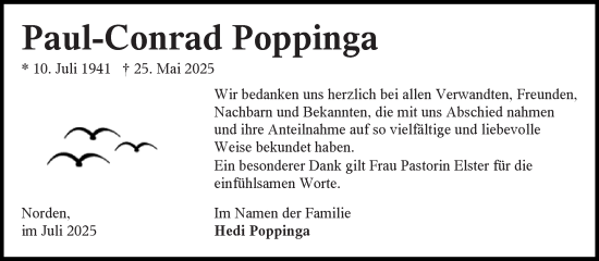 Traueranzeige von Paul-Conrad Poppinga von Ostfriesischer Kurier GmbH