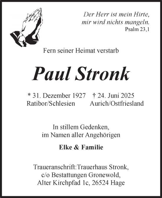 Traueranzeige von Paul Stronk von Ostfriesischer Kurier GmbH