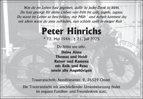 Traueranzeige von Peter Hinrichs von Ostfriesischer Kurier GmbH