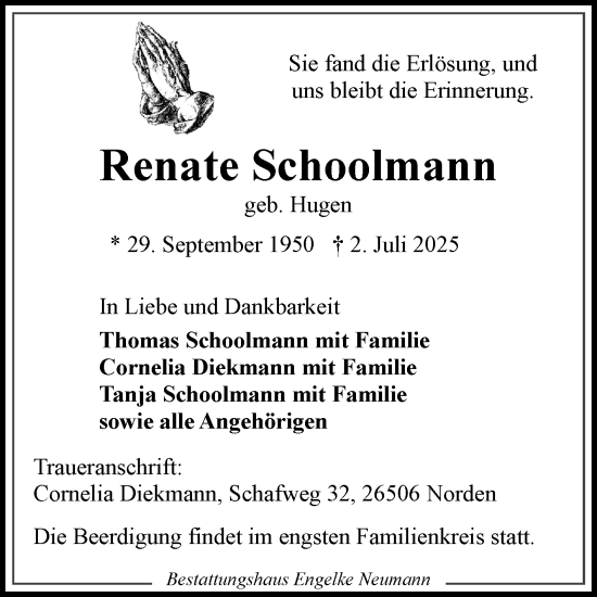 Traueranzeige von Renate Schoolmann von Ostfriesischer Kurier GmbH