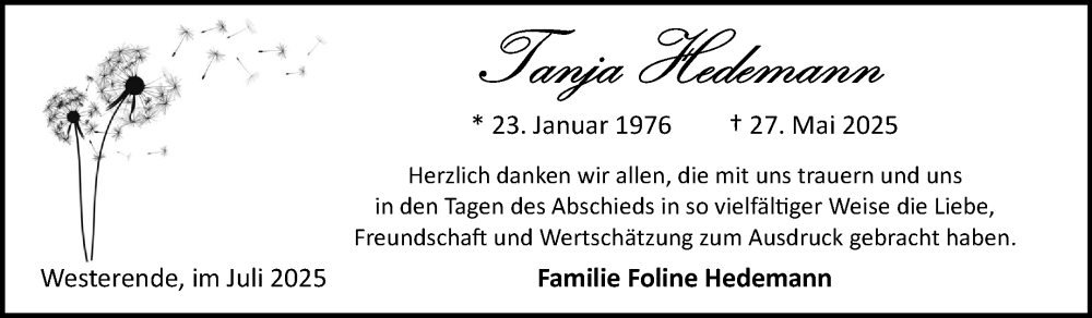  Traueranzeige für Tanja Hedemann vom 05.07.2025 aus Ostfriesischer Kurier GmbH