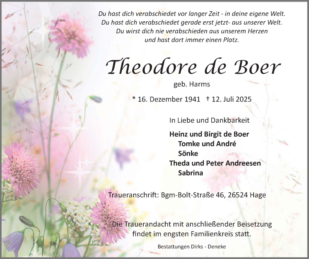  Traueranzeige für Theodore de Boer vom 14.07.2025 aus Ostfriesischer Kurier GmbH