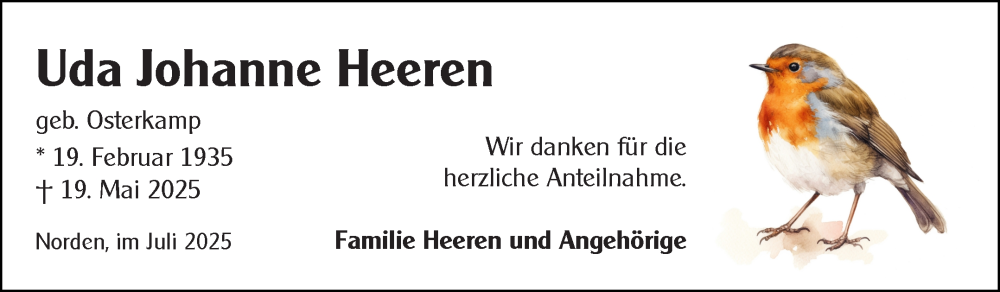  Traueranzeige für Uda Johanne Heeren vom 05.07.2025 aus Ostfriesischer Kurier GmbH