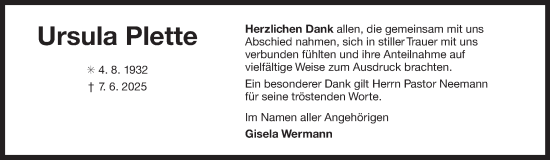 Traueranzeige von Ursula Plette von Ostfriesischer Kurier GmbH