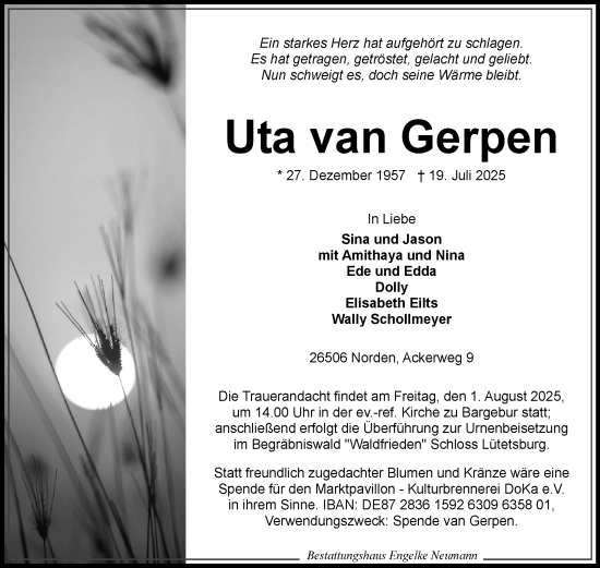 Traueranzeige von Uta van Gerpen von Ostfriesischer Kurier GmbH