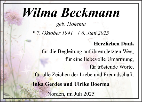 Traueranzeige von Wilma Beckmann von Ostfriesischer Kurier GmbH