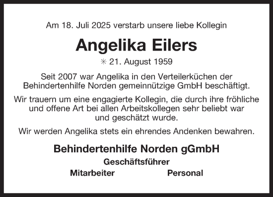 Traueranzeige von Angelika Eilers von Ostfriesischer Kurier GmbH