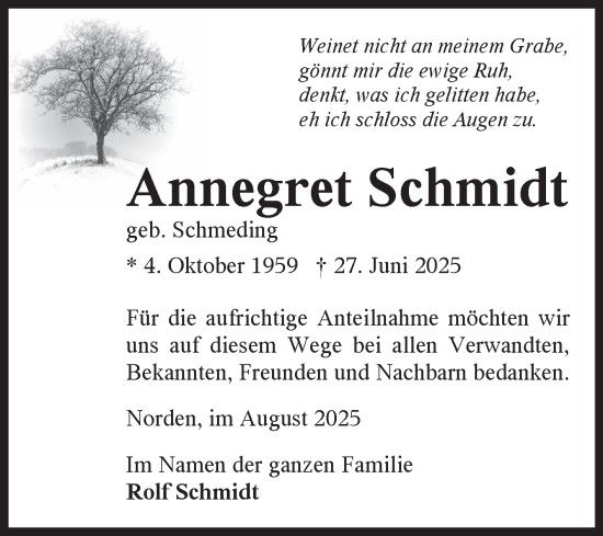 Traueranzeige von Annegret Schmidt von Ostfriesischer Kurier GmbH