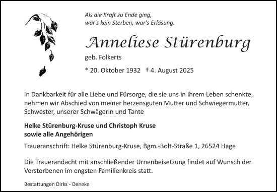Traueranzeige von Anneliese Stürenburg von Ostfriesischer Kurier GmbH