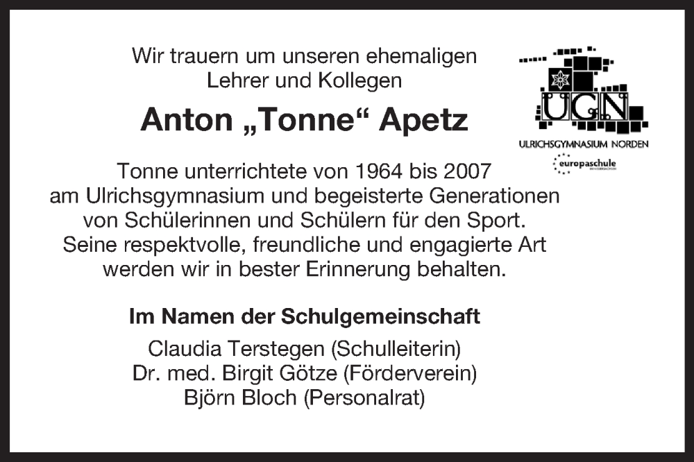  Traueranzeige für Anton Apetz vom 05.08.2025 aus Ostfriesischer Kurier GmbH
