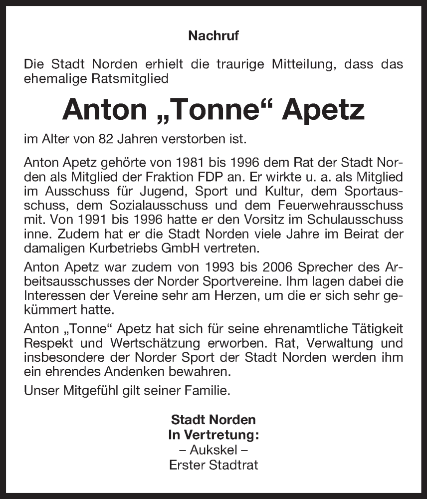  Traueranzeige für Anton Apetz vom 07.08.2025 aus Ostfriesischer Kurier GmbH