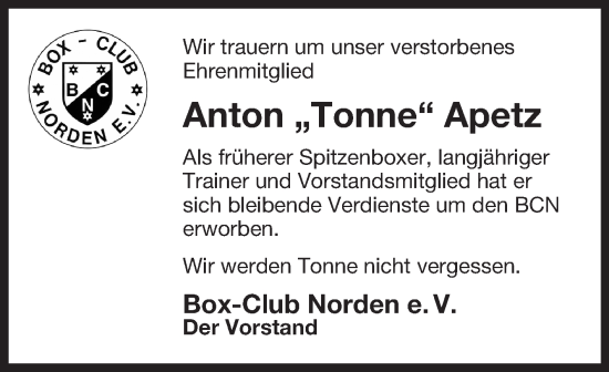 Traueranzeige von Anton Apetz von Ostfriesischer Kurier GmbH