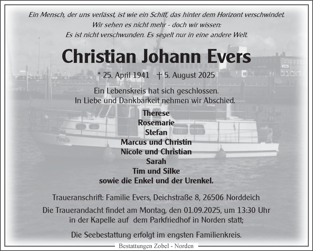  Traueranzeige für Christian Johann Evers vom 09.08.2025 aus Ostfriesischer Kurier GmbH