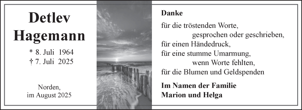  Traueranzeige für Detlev Hagemann vom 23.08.2025 aus Ostfriesischer Kurier GmbH