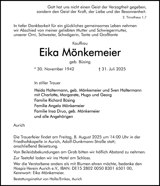 Traueranzeige von Eika Mönkemeier von Ostfriesischer Kurier GmbH