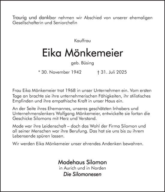 Traueranzeige von Eika Mönkemeier von Ostfriesischer Kurier GmbH