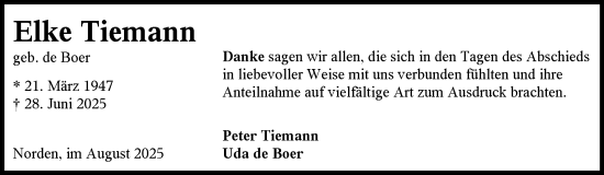 Traueranzeige von Elke Tiemann von Ostfriesischer Kurier GmbH