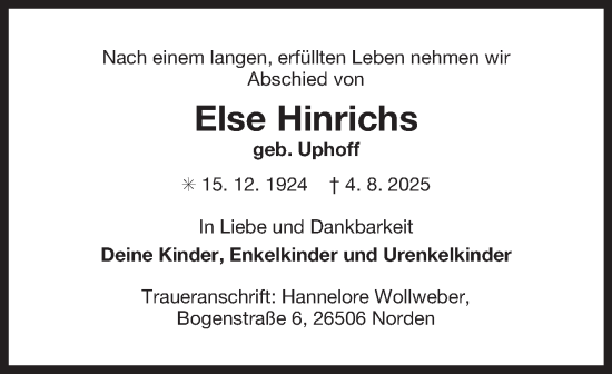 Traueranzeige von Else Hinrichs von Ostfriesischer Kurier GmbH