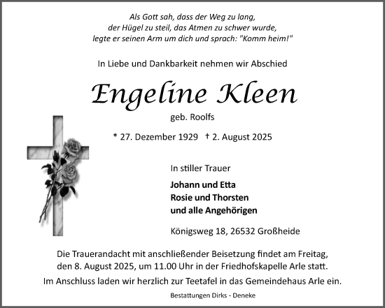 Traueranzeige von Engeline Kleen von Ostfriesischer Kurier GmbH