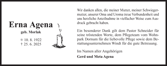 Traueranzeige von Erna Agena von Ostfriesischer Kurier GmbH