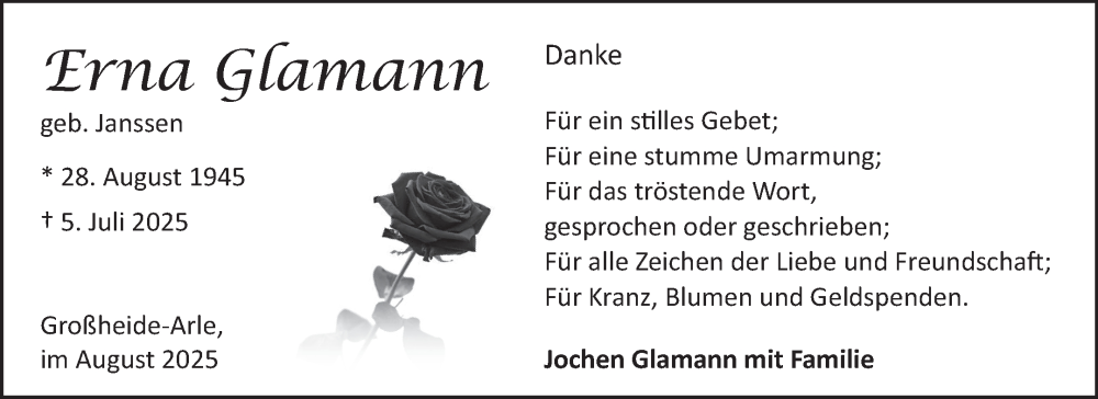  Traueranzeige für Erna Glamann vom 16.08.2025 aus Ostfriesischer Kurier GmbH