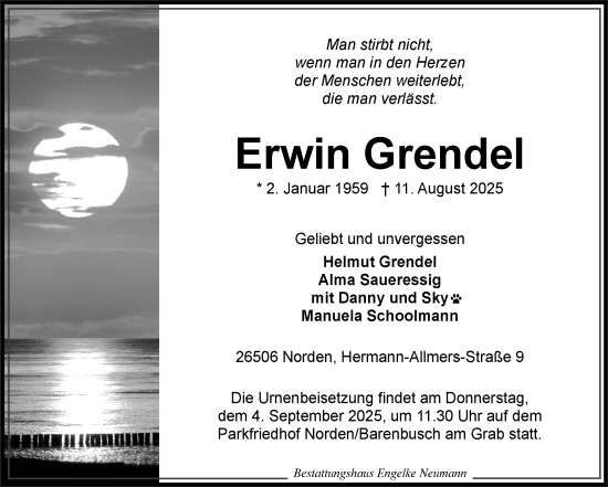 Traueranzeige von Erwin Grendel von Ostfriesischer Kurier GmbH