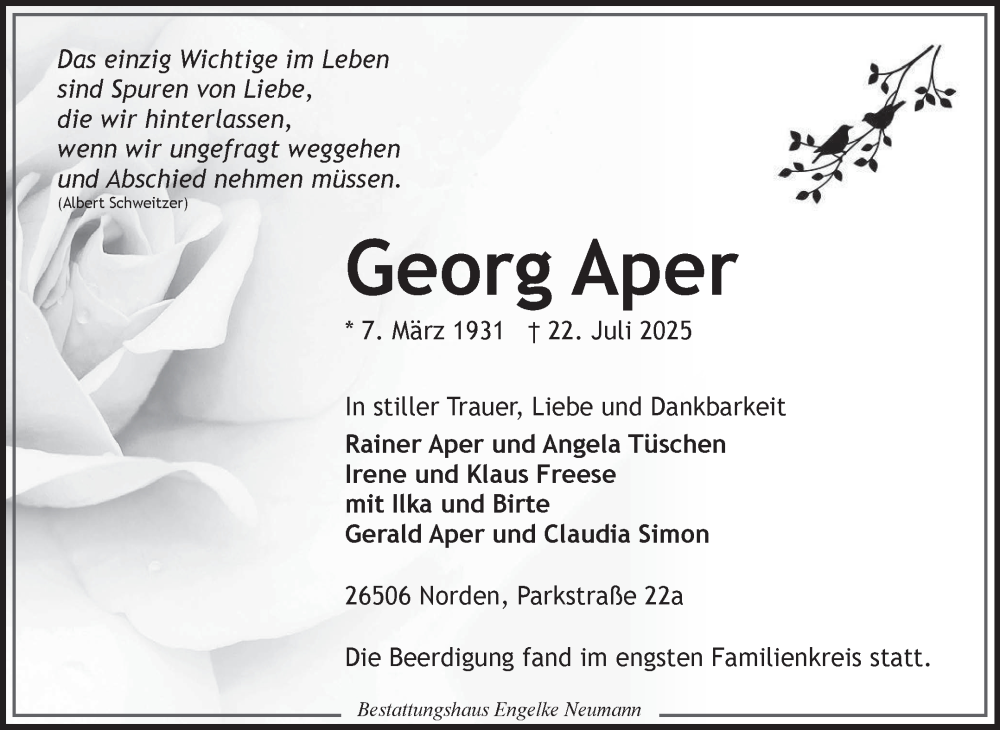  Traueranzeige für Georg Aper vom 02.08.2025 aus Ostfriesischer Kurier GmbH