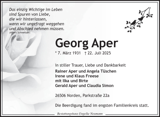 Traueranzeige von Georg Aper von Ostfriesischer Kurier GmbH