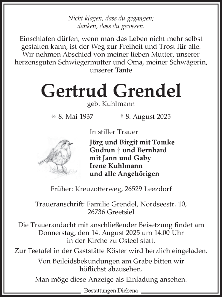  Traueranzeige für Gertrud Grendel vom 12.08.2025 aus Ostfriesischer Kurier GmbH