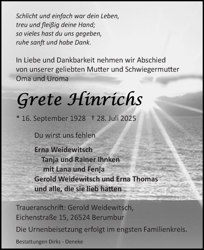  Traueranzeige für Grete Hinrichs vom 09.08.2025 aus Ostfriesischer Kurier GmbH