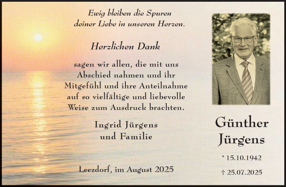  Traueranzeige für Günther Jürgens vom 23.08.2025 aus Ostfriesischer Kurier GmbH