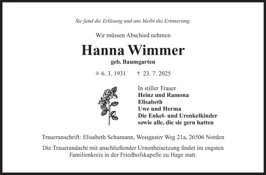 Traueranzeige von Hanna Wimmer von Ostfriesischer Kurier GmbH
