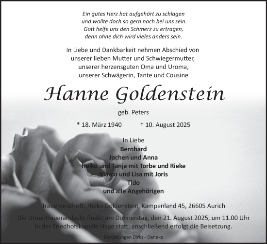 Traueranzeige von Hanne Goldenstein von Ostfriesischer Kurier GmbH