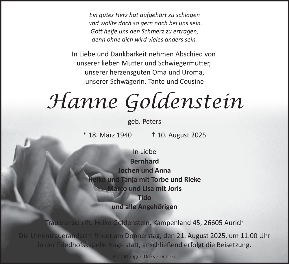  Traueranzeige für Hanne Goldenstein vom 16.08.2025 aus Ostfriesischer Kurier GmbH
