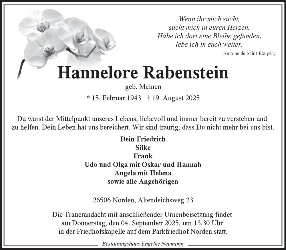  Traueranzeige für Hannelore Rabenstein vom 23.08.2025 aus Ostfriesischer Kurier GmbH