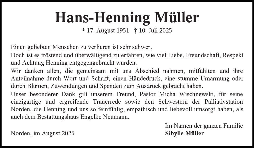  Traueranzeige für Hans-Henning Müller vom 09.08.2025 aus Ostfriesischer Kurier GmbH