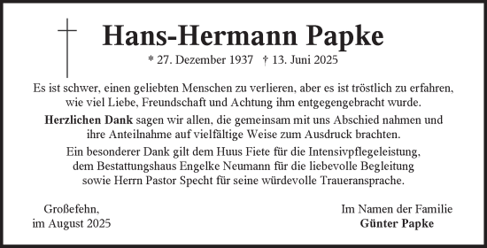 Traueranzeige von Hans-Hermann Papke von Ostfriesischer Kurier GmbH