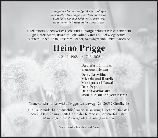 Traueranzeige von Heino Prigge von Ostfriesischer Kurier GmbH