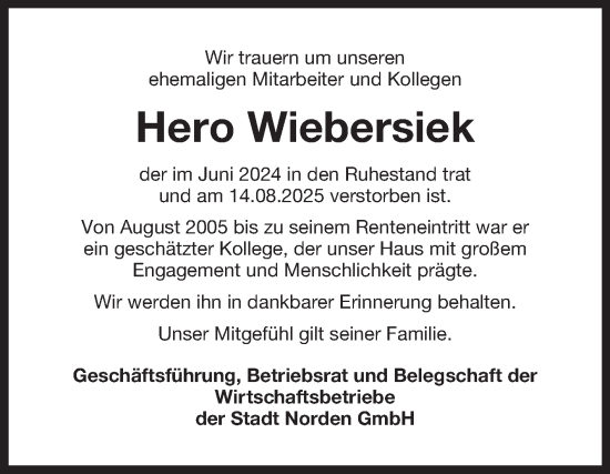Traueranzeige von Hero Wiebersiek von Ostfriesischer Kurier GmbH