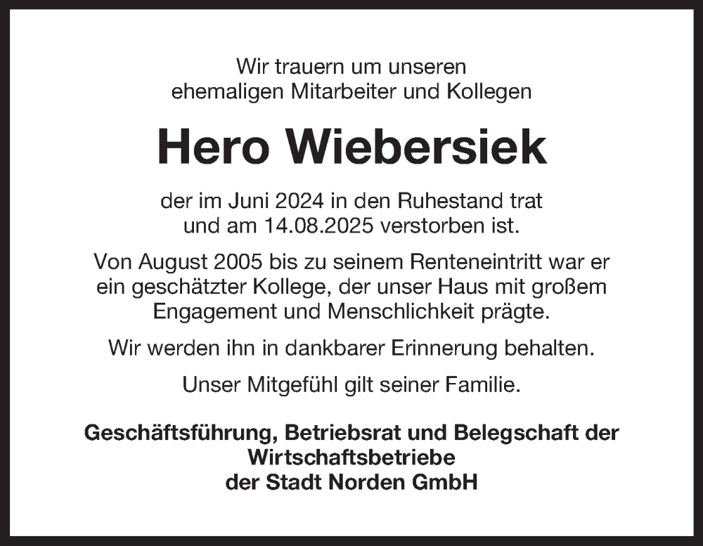  Traueranzeige für Hero Wiebersiek vom 27.08.2025 aus Ostfriesischer Kurier GmbH