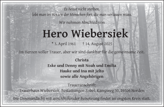 Traueranzeige von Hero Wiebersiek von Ostfriesischer Kurier GmbH