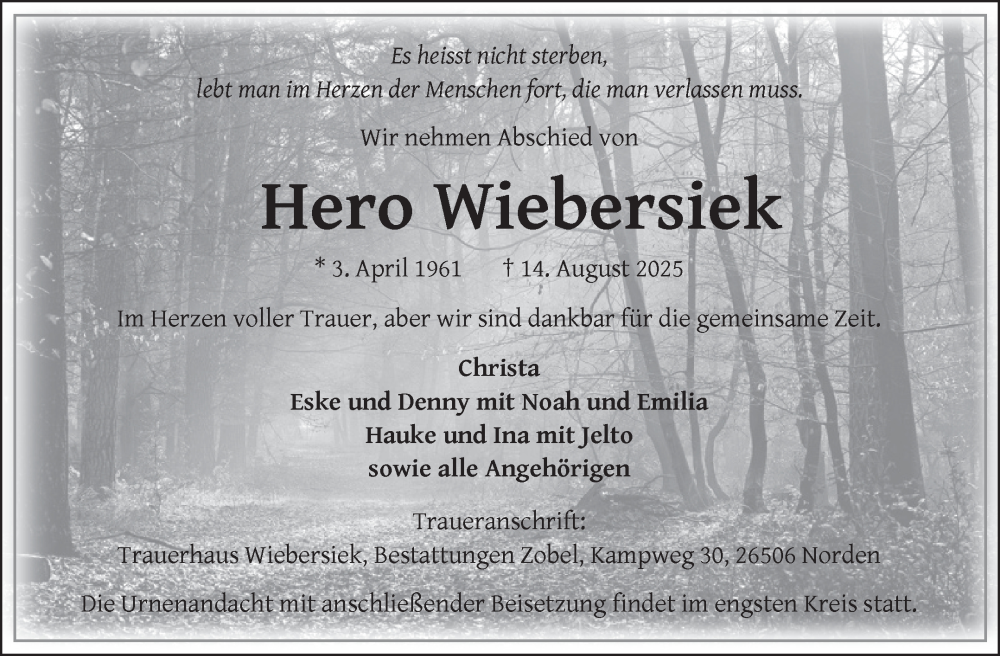  Traueranzeige für Hero Wiebersiek vom 23.08.2025 aus Ostfriesischer Kurier GmbH