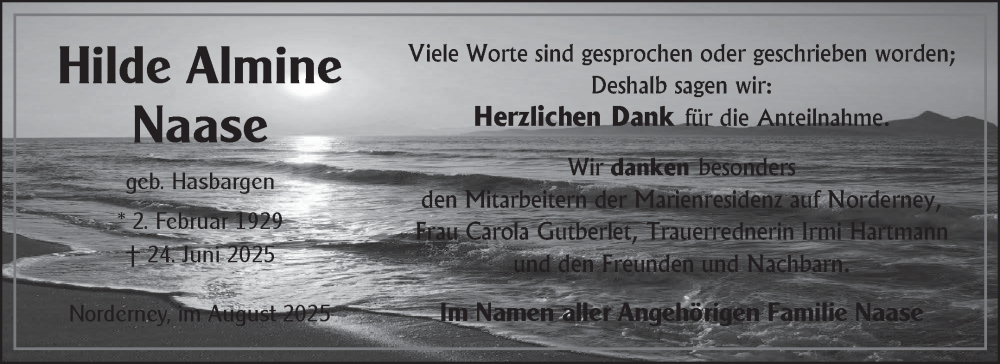  Traueranzeige für Hilde Almine Naase vom 23.08.2025 aus Ostfriesischer Kurier GmbH
