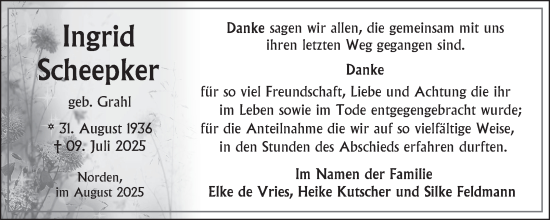 Traueranzeige von Ingrid Scheepker von Ostfriesischer Kurier GmbH