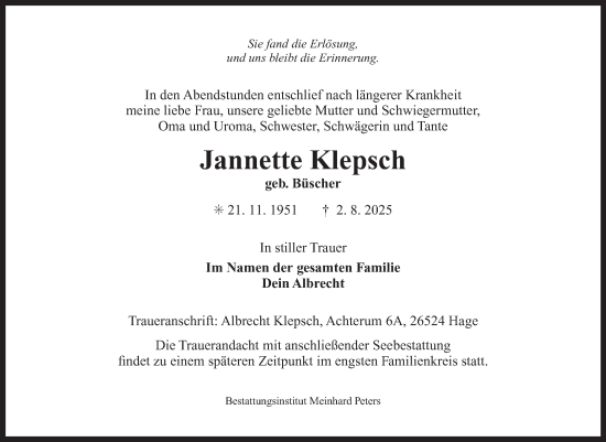 Traueranzeige von Jannette Klepsch von Ostfriesischer Kurier GmbH