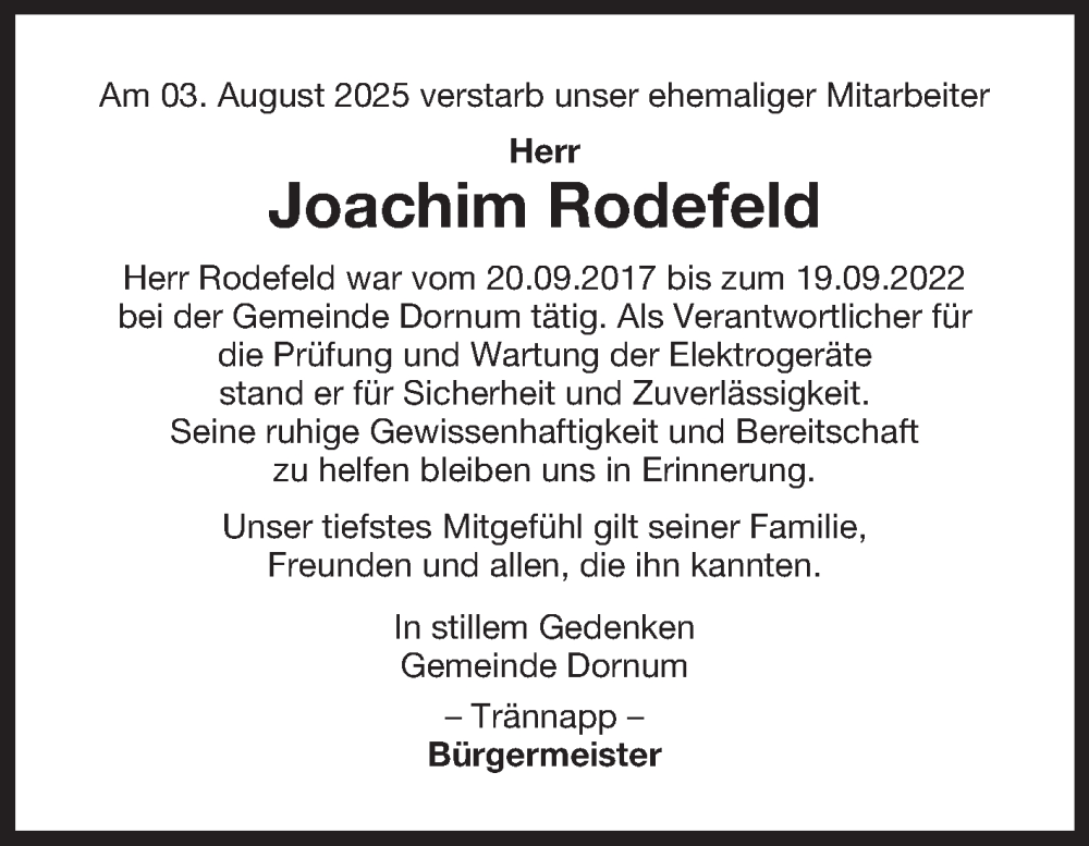  Traueranzeige für Joachim Rodefeld vom 19.08.2025 aus Ostfriesischer Kurier GmbH