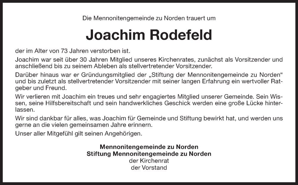  Traueranzeige für Joachim Rodefeld vom 16.08.2025 aus Ostfriesischer Kurier GmbH