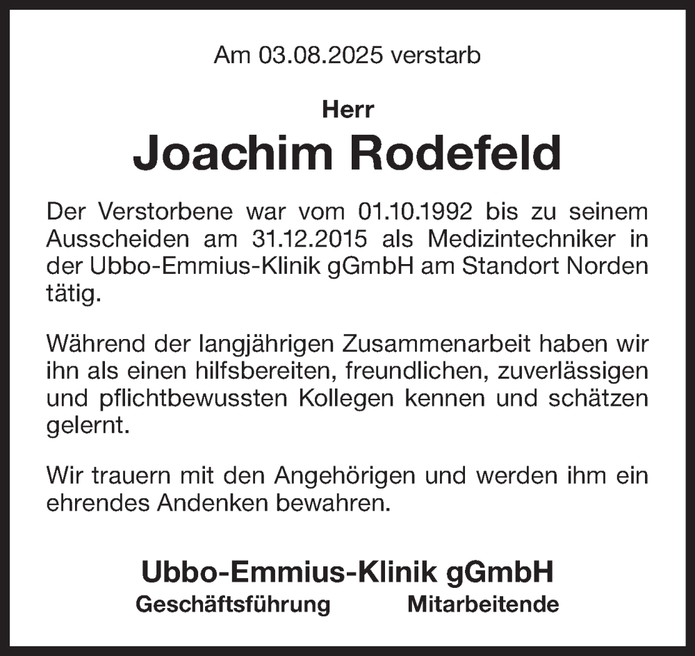  Traueranzeige für Joachim Rodefeld vom 21.08.2025 aus Ostfriesischer Kurier GmbH