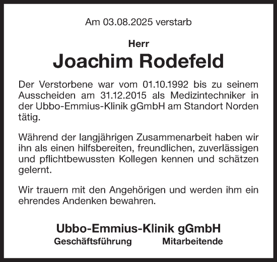 Traueranzeige von Joachim Rodefeld von Ostfriesischer Kurier GmbH