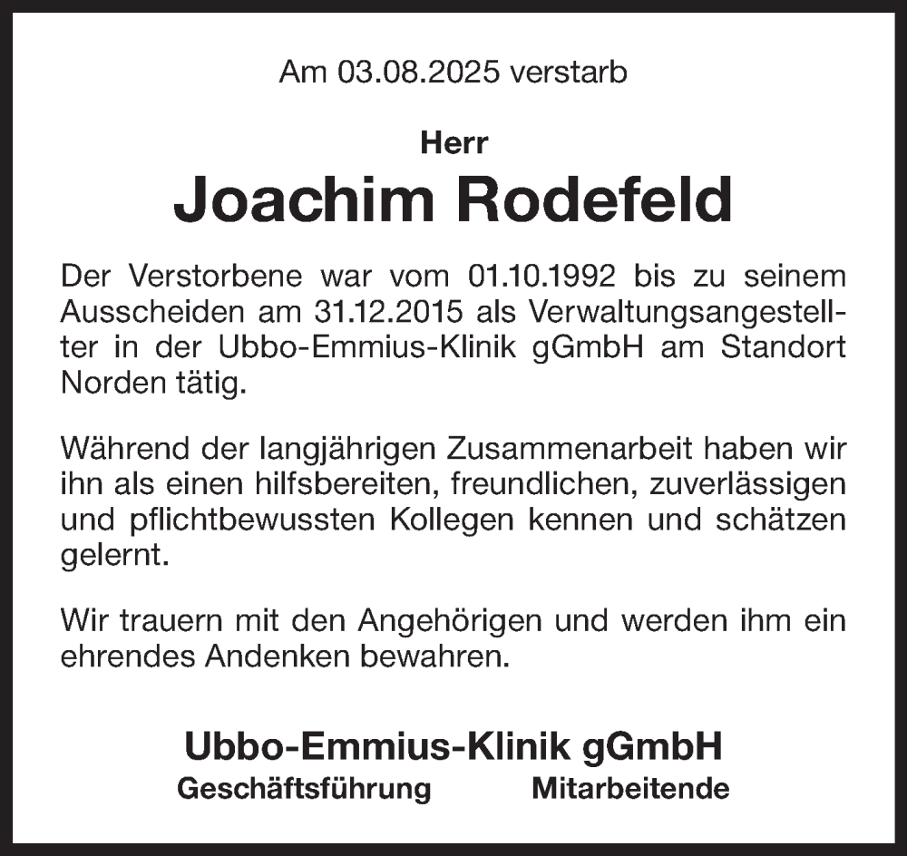  Traueranzeige für Joachim Rodefeld vom 20.08.2025 aus Ostfriesischer Kurier GmbH